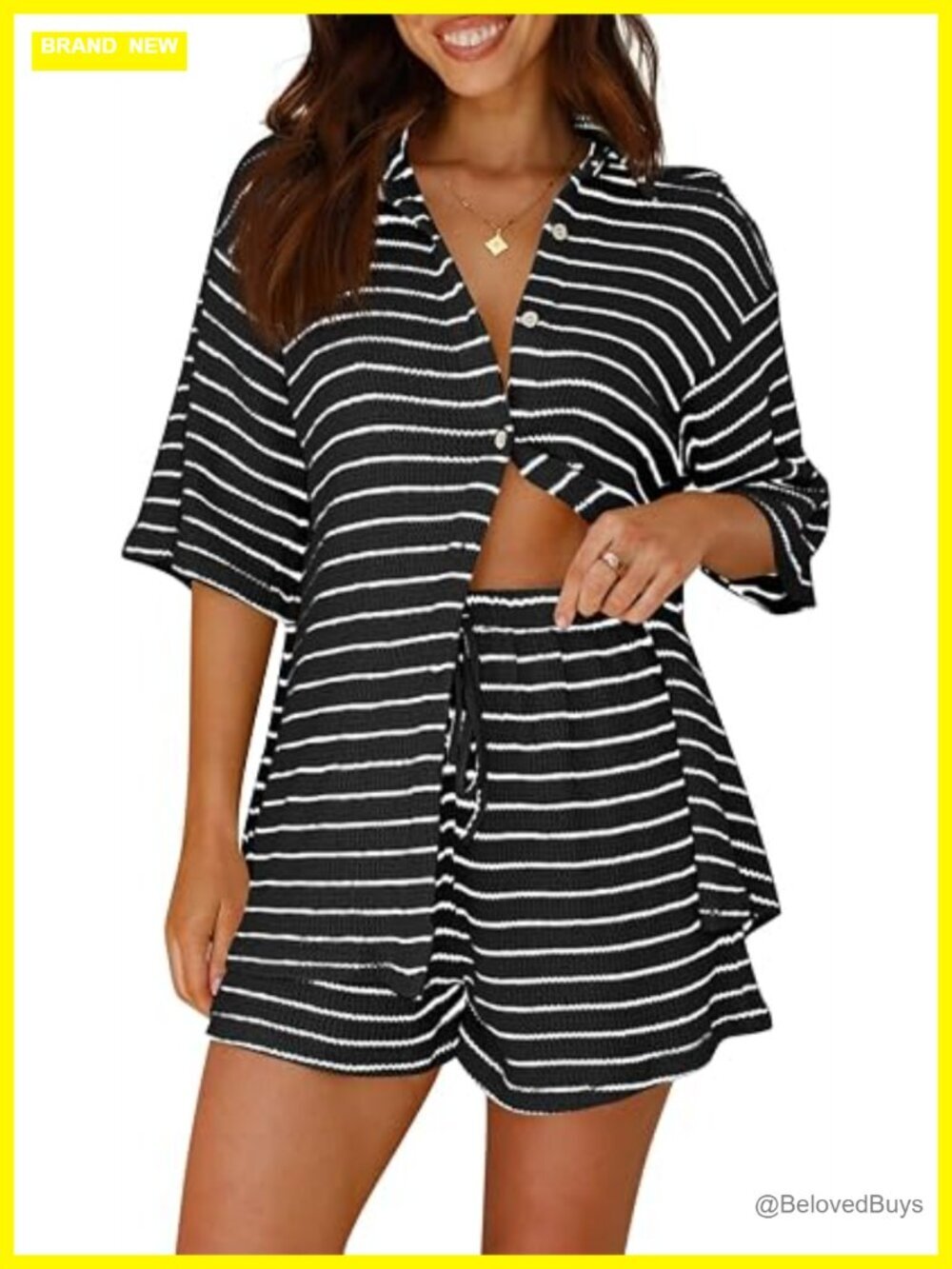 Women's Striped 2 Piece Short Sleeve Button Down Shirt and Shorts Waffle Knit